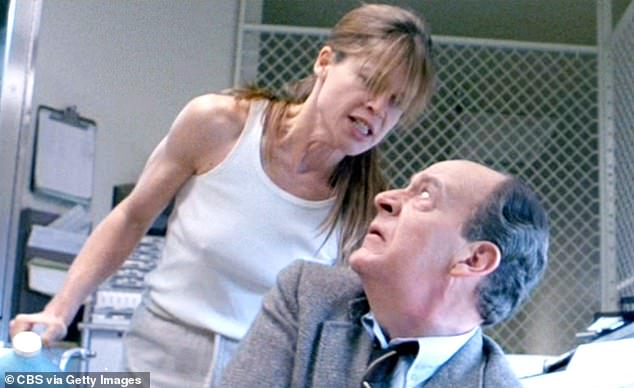 The actress, who said she works out three times a week to fight the wear and tear of years of stunts, admitted that she's not rigid about her health and occasionally will treat herself; pictured with Earl Boen in Terminator 2: Judgment Day