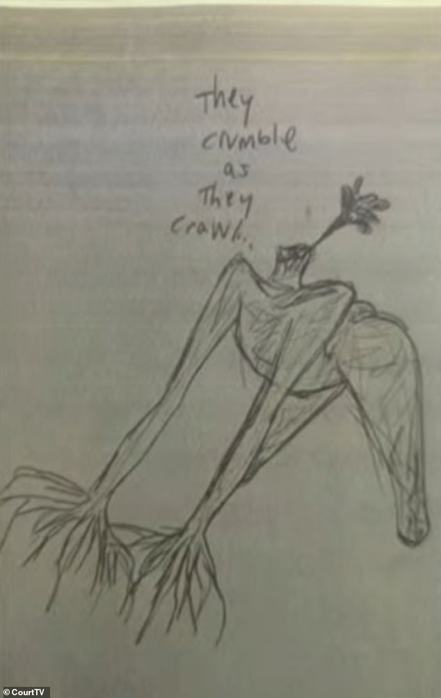 In March, state health officials argued that Geyser was in no condition to walk free from the institution after evidence emerged of an unsettling correspondence she was having with an 'older man' called Jeffrey - including this sketch of a decapitated body and a postcard saying she wanted to be intimate with him