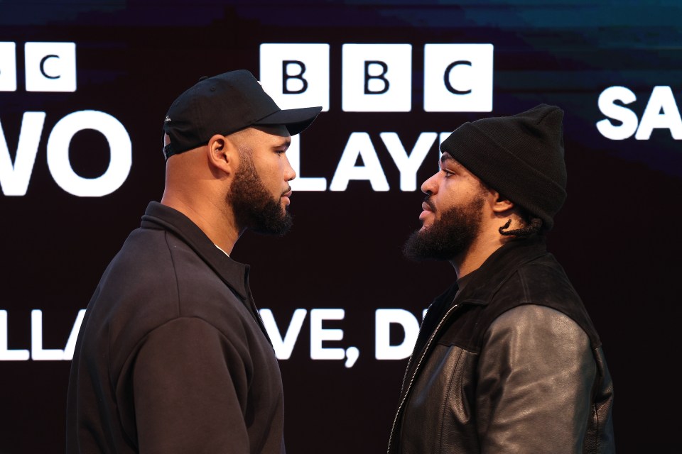 Boxers Frazer Clarke and Jeamie 'TKV' Tshikeva face off during a press conference.