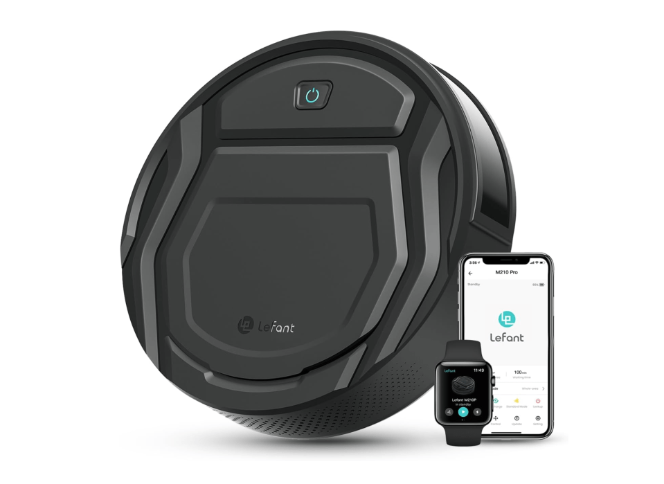 Lefant M210P robot vacuum, smartwatch, and app displaying product information.