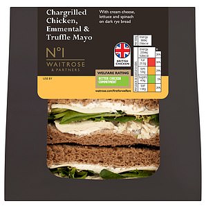 Lifestyle Writer Gina Kalsi rated Waitrose No1 Chargrilled Chicken, Emmental & Truffle Mayo Sandwich (£4.95) a 3/5 and said there was room for improvement