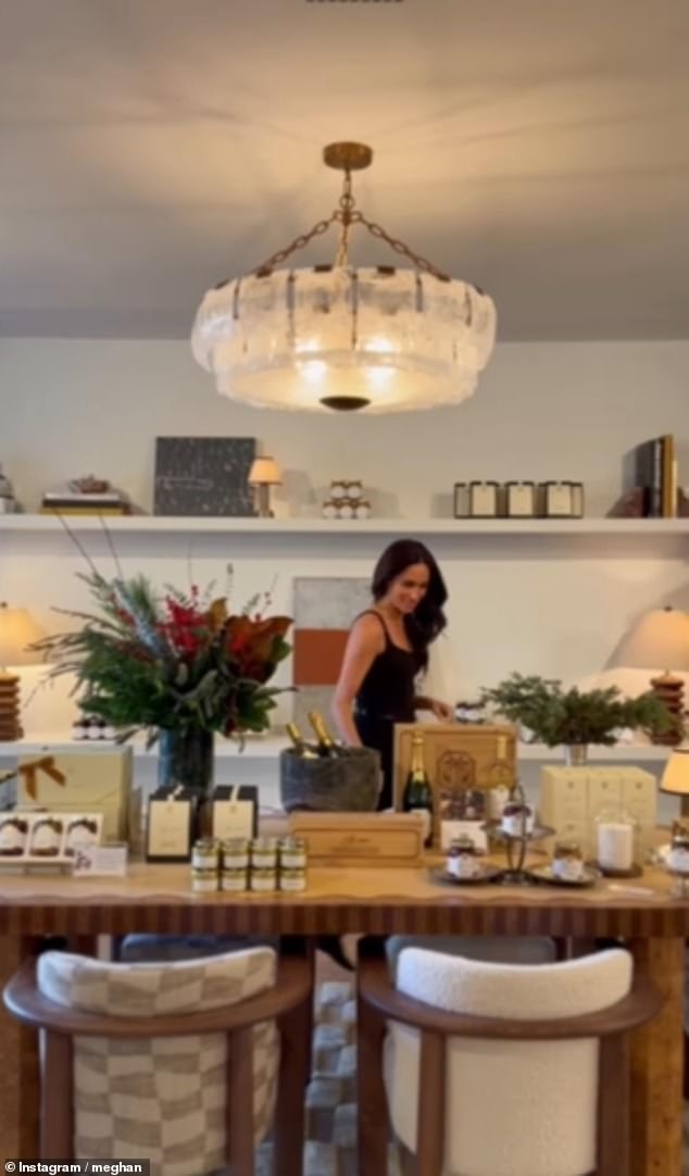 Meghan's collection of jams, honeys, flower sprinkles, mulling kits, candles and various other products was placed on a table, followed by her $89 (£67) bottles of Napa Valley Brut