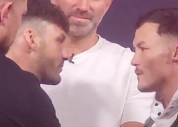 Moment Leigh Wood and Josh Warrington have to be pulled apart by security in heated face-off