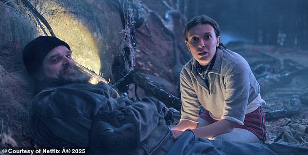 On screen as Jim (Harbour) and Eleven (Brown), they embark on a mission to find Vecna after Holly Wheeler (Nell Fisher) is taken by a demogorgon