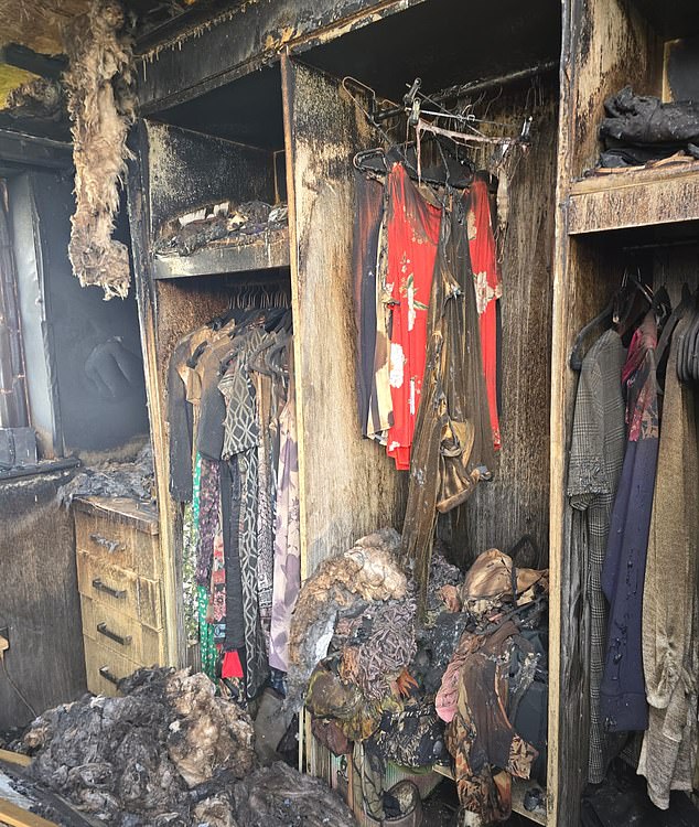 Mr Chesworth had been living in the lodge with his wife. Pictured are some of the couple's clothes that were completely ruined in the fire