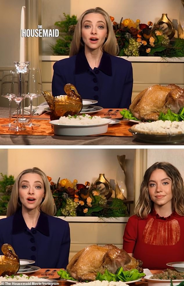 In a themed new ad for the picture, Sweeney, 28, and Seyfried, 39, were seated at a long elegant table heaving with a sumptuous feast including a turkey