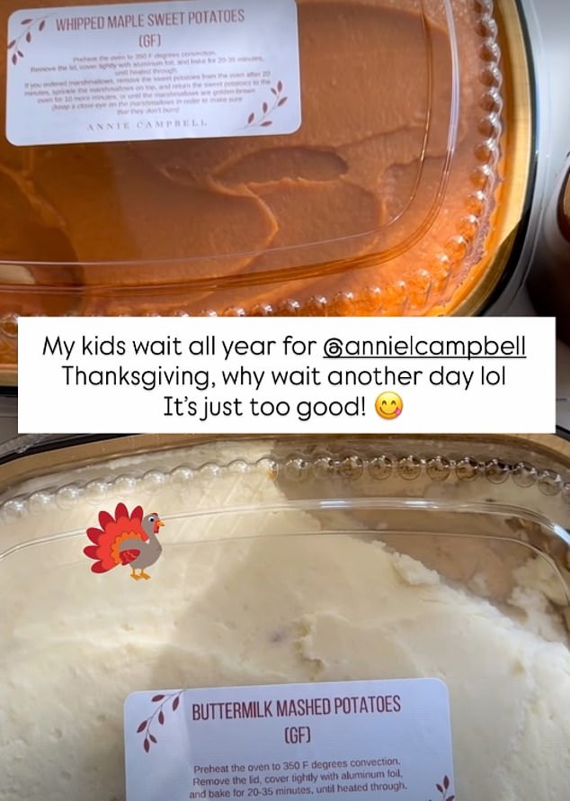 Sex and the City star Kristin Davis revealed she had got the jump on her feast a day early with delivered mashed potatoes and whipped sweet potatoes