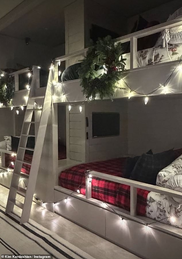 Kim Kardashian treated her fans to the sight of her children's room at her mother Kris Jenner's house, with the bunk beds already done in Yuletide decor