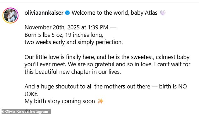 Alongside a sweet selection of snaps from hospital, they captioned the post: 'Welcome to the world, baby Atlas. November 20th, 2025 at 1:39 PM - Born 5lbs 5oz'