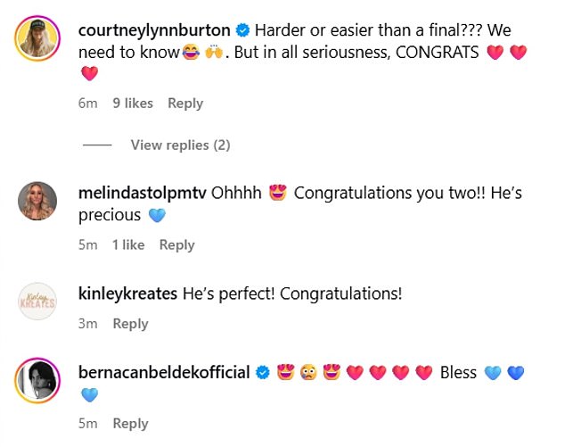 Fans took to the comment section to share their congratulations. They wrote: 'Congratulations you two!! He’s precious' and 'Congratulations! He is so cute!