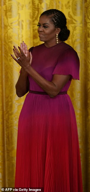 The new picture of Michelle comes after the podcast host sparked weight loss rumors, with some implying she has used weight loss drugs such as Ozempic. Pictured: Michelle in 2022 (left) and earlier this year (right)