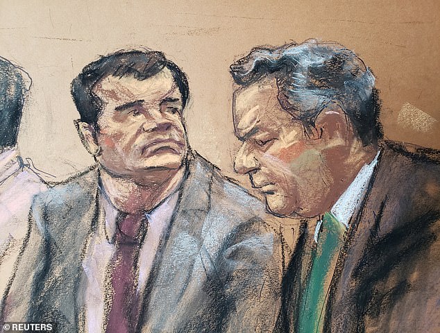 Guzman, is shown in this courtroom sketch with defense attorney Jeffrey Lichtman in Brooklyn federal court in November 2018
