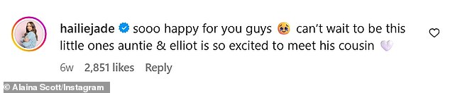 McClintock commented on the pregnant 32-year-old's October 12 announcement: 'So happy for you guys! [I] can't wait to be this little one's auntie and Elliot is so excited to meet his cousin!'