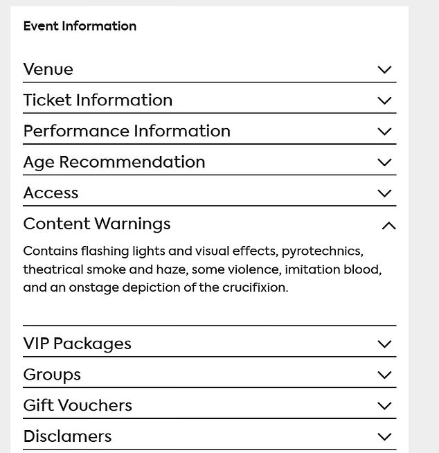 Other content warnings for the show included warnings of 'imitation blood' and 'some violence'