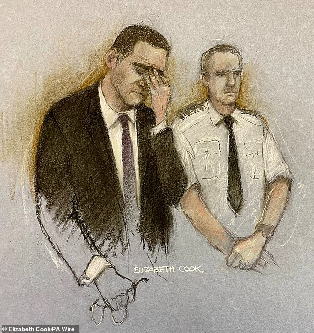 An artist's sketch of Paul Doyle sobbing as he appeared in court at the start of his trial