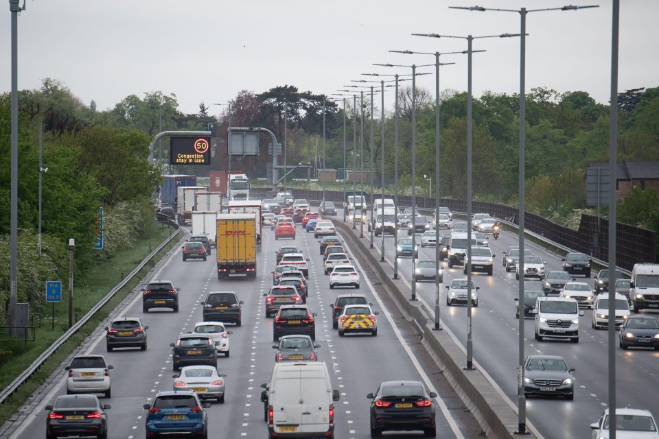 Datchet, UK. 23rd April, 2025. Following heavy overnight rain, traffic was congested on the M4 at Datchet in Berkshire this morning. Variable speed limits of 50mph were in force on the Smart Motorway for drivers heading east bound towards Heathrow an