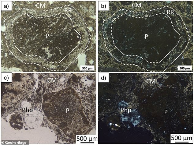 Pictured, polarized light microphotographs bedding mortars used in the creation of the Temple of Venus by the Romans