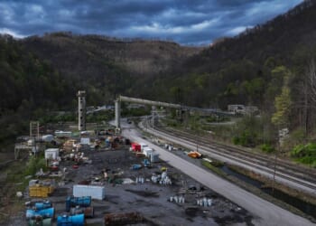 An aerial view of the Long Branch Energy coal mine operation on April 15, 2025, in Wharton, West Virginia.