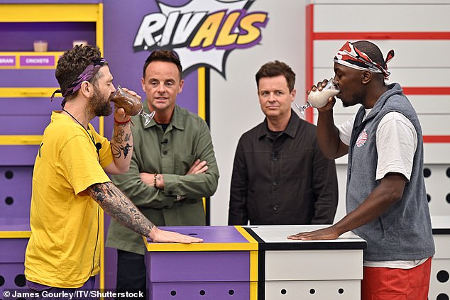 Jack (left) lost his head-to-head race against campmate Eddie Kadi (right), who successfully gulped down blended pig vagina and bull penis