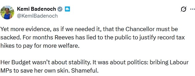 Kemi Badenoch said the Chancellor had 'lied' to justify massive tax hikes