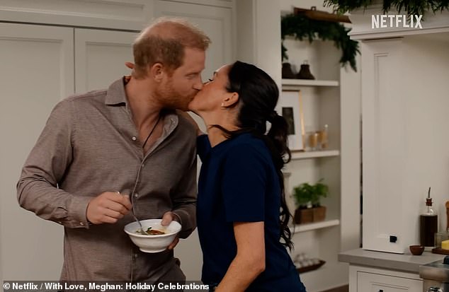 Meghan and Prince Harry share a festive kiss in the glitzy trailer for the Christmas special of Netflix series With Love, Meghan