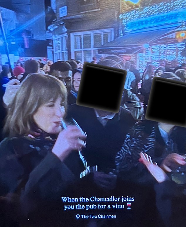 The Chancellor pictured celebrating with a drink at the Two Chairmen pub after delivering her Budget