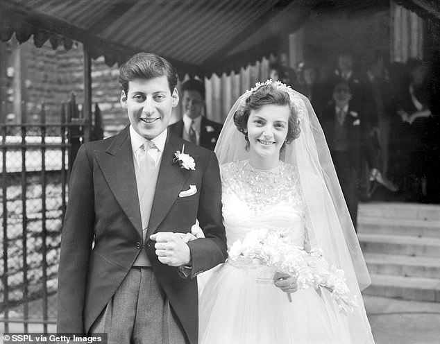 Jill Raymond and Clement Freud, the grandson of Sigmund Freud, the psychologist, photographed after their wedding at St James's Church in London