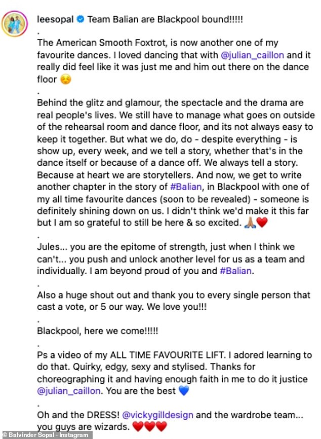 She wrote in a post: 'Behind the glitz and glamour, the spectacle and the drama are real people's lives. We still have to manage what goes on outside of the rehearsal room and dance floor, and it's not always easy to keep it together'