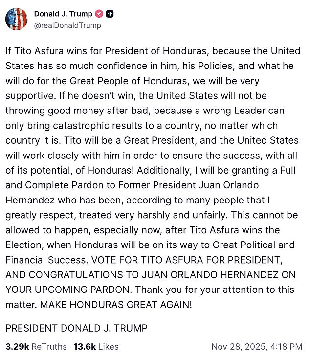 Trump posted about his pardon for former Honduran President Juan Orlando Hernandez on Truth Social on Friday afternoon