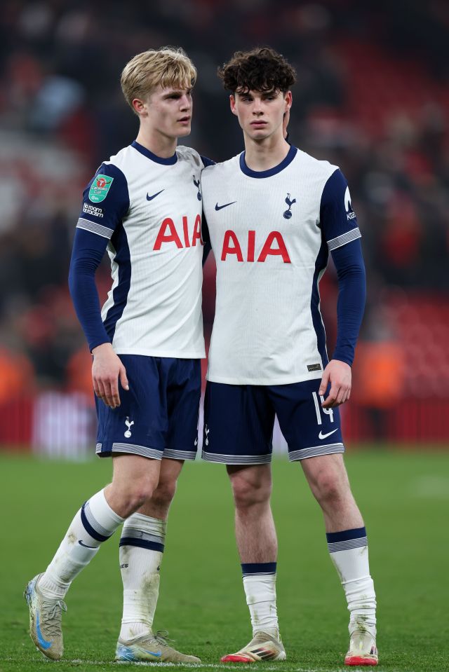 Lucas Bergvall and Archie Gray of Tottenham Hotspur after a soccer match.
