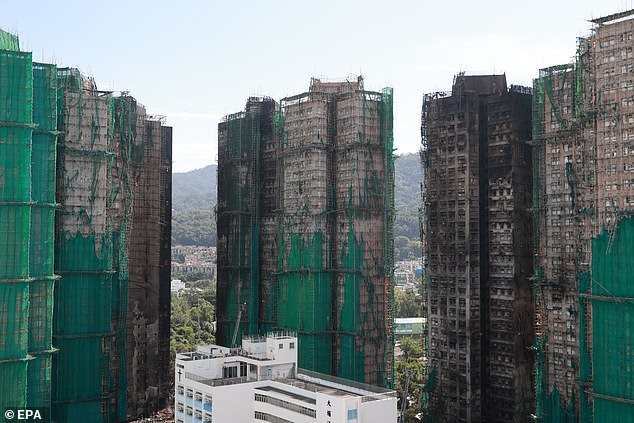A view of the rubble in the aftermath of the Tai Po apartment fire in Hong Kong, China, November 28, 2025