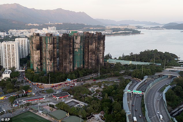 An aerial view of the burnt buildings after a deadly fire that started Wednesday at Wang Fuk Court, a residential estate in the Tai Po district of Hong Kong's New Territories, Friday, Nov. 28, 2025