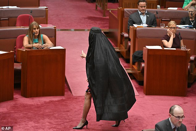 She caused uproar when she marched into the Senate in a black burka and high heels in protest over not being allowed to introduce a bill banning them
