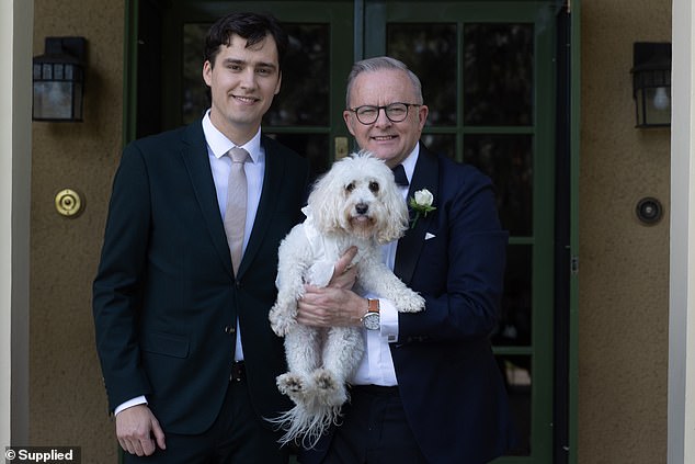 The family dog Toto was on hand to celebrate the big day as the ringbearer as was Albanese's son Nathan