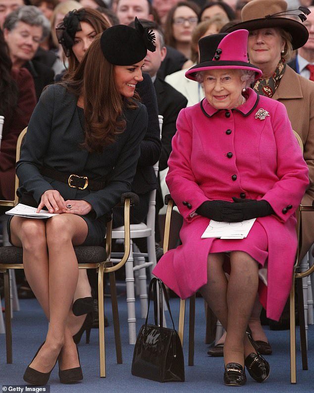 Ms James notes that Meghan attended her first joint outing with the Queen 'much earlier' than Princess Catherine did. While Kate and William wed at Westminster Abbey in April 2011, her first engagement with the Monarch was not until March 2012 (pictured)