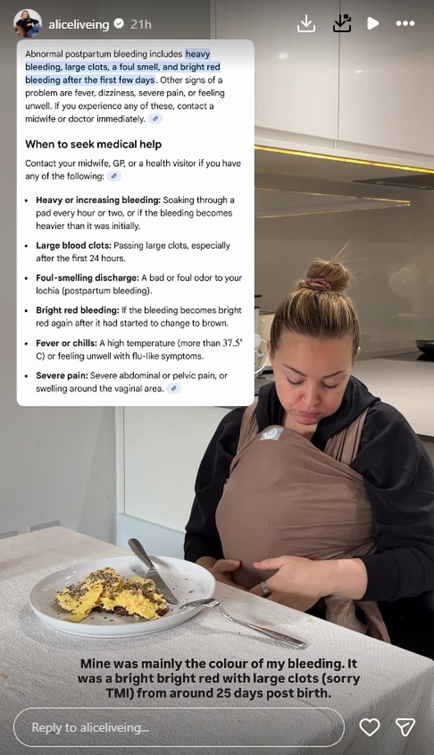 In the next slide, Alice shared a snippet from Google's AI results detailing what abnormal post-birth bleeding can look like and when to seek medical attention