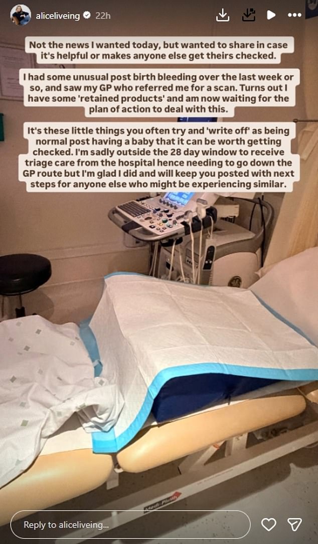 Taking to Instagram on Friday, Alice shared a picture of a hospital bed as she revealed she had undergone a scan after experiencing concerning post-birth symptoms