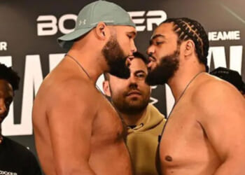Watch moment security forced to separate Frazer Clarke and Jeamie 'TKV' Tshikeva in heated weigh-in for BBC showdown