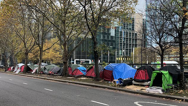 Shocking footage taken by the Daily Mail shows a ramshackle 'village' at the end of Tottenham Court Road in central London