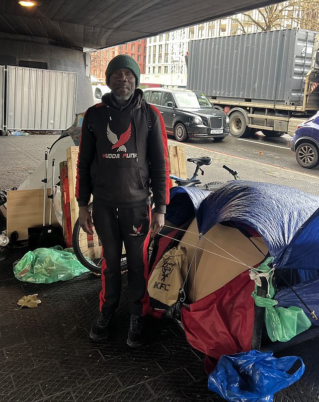 Wayne Williams, 64, who came to the UK from Grenada in the Caribbean 20 years ago is camping under the flyover at Edgware Road. He has been living in a tent here since 2022
