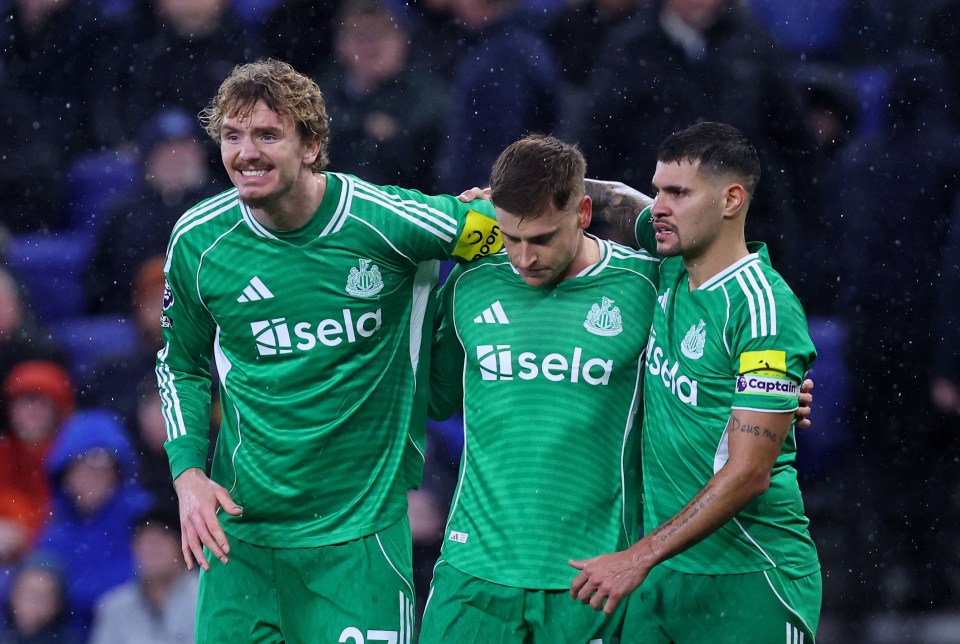 Newcastle United players Nick Woltemade, Harvey Barnes, and Bruno Guimaraes celebrate a goal.