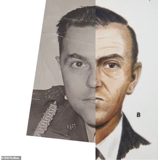 Lakich's face is seen above spliced with one of the sketches of DB Cooper. Rollins sees a strong resemblance between the pair