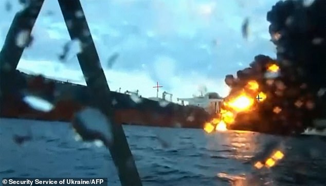 A second strike targeted another Russian-operated tanker near the Bosphorus Strait, with shocking onboard video capturing the drone skimming over the waves, closing in on its target and detonating against the ship's flank