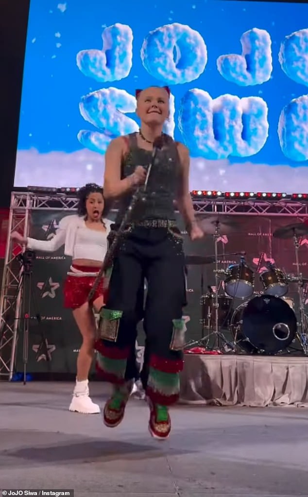 After medics told the dancer the situation should resolve itself, she put on a brave face and continued with her planned perfomance at a Minnesota mall (pictured)