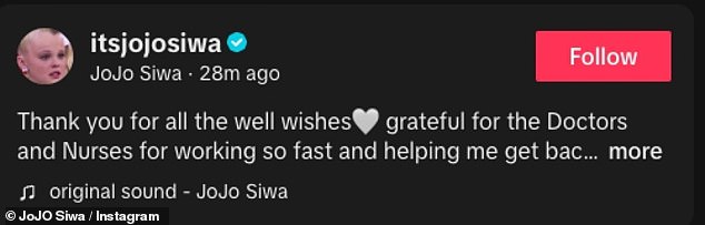 She captioned the post: 'Thank you for all the well wishes, grateful for the Doctors and Nurses for working so fast and helping me get back on time, keep it pushing'.