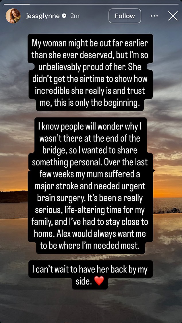 Alex's girlfriend, Jess, shared this post on Instagram moments after their post-Jungle phone call in which she informed the footballer her 'fun side' at not been shown as much as she thought it should have and wrote 'She didn't get the airtime to show how incredible she is'
