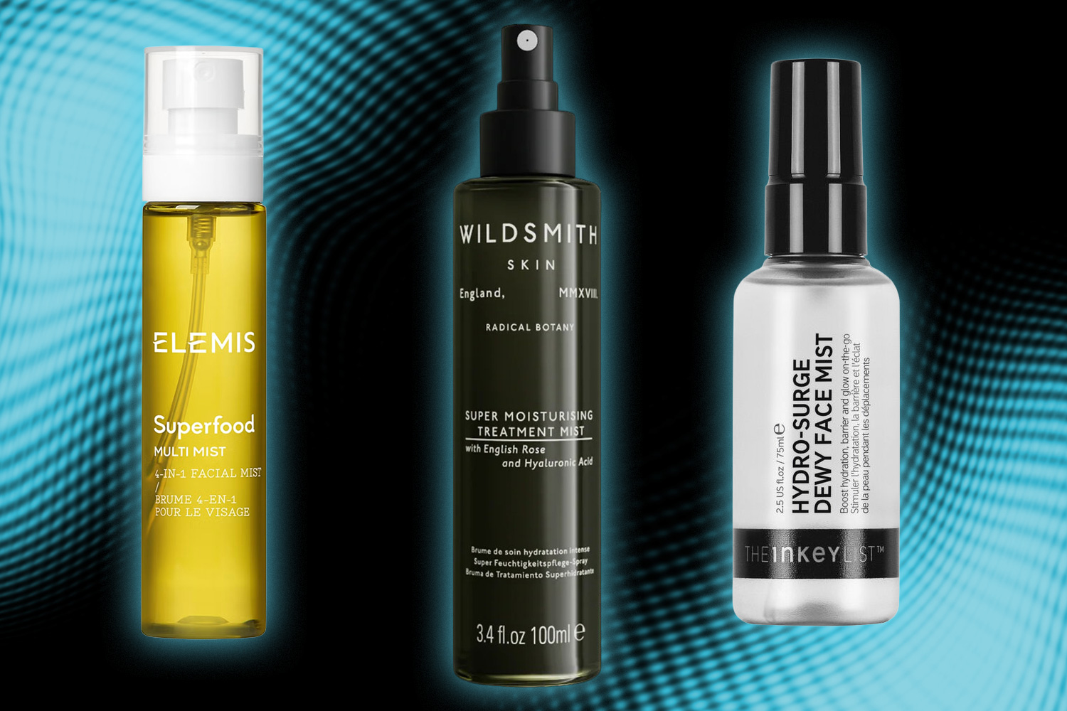 Three facial mist products: Elemis Superfood Multi Mist, Wildsmith Skin Super Moisturising Treatment Mist, and The Inkey List Hydro-Surge Dewy Face Mist.