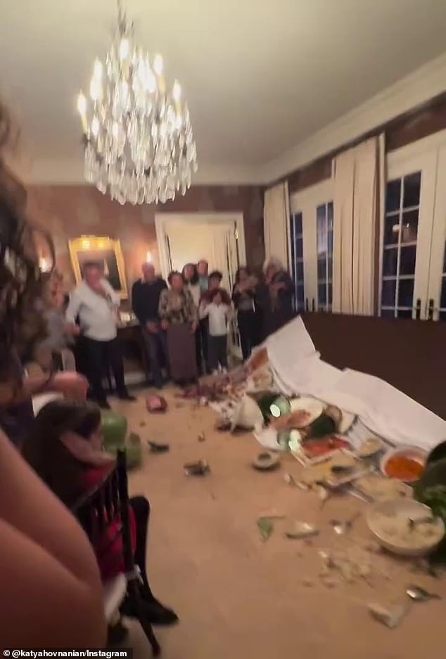 The hungry family were shock by what had occurred but incredibly managed to salvage a meal from the remnants strewn across the carpet