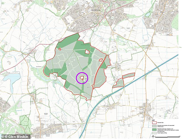 A graphic showing the Whitestone Solar Farm site 1 in Conisborough - circled is the historic Royal hunting lodge