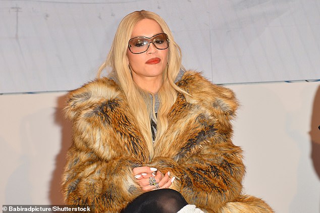 Before her set, the singer posed beside wearing a grey long-sleeved sweatshirt-style bodysuit teamed with sheer black tights and a brown faux-fur coat